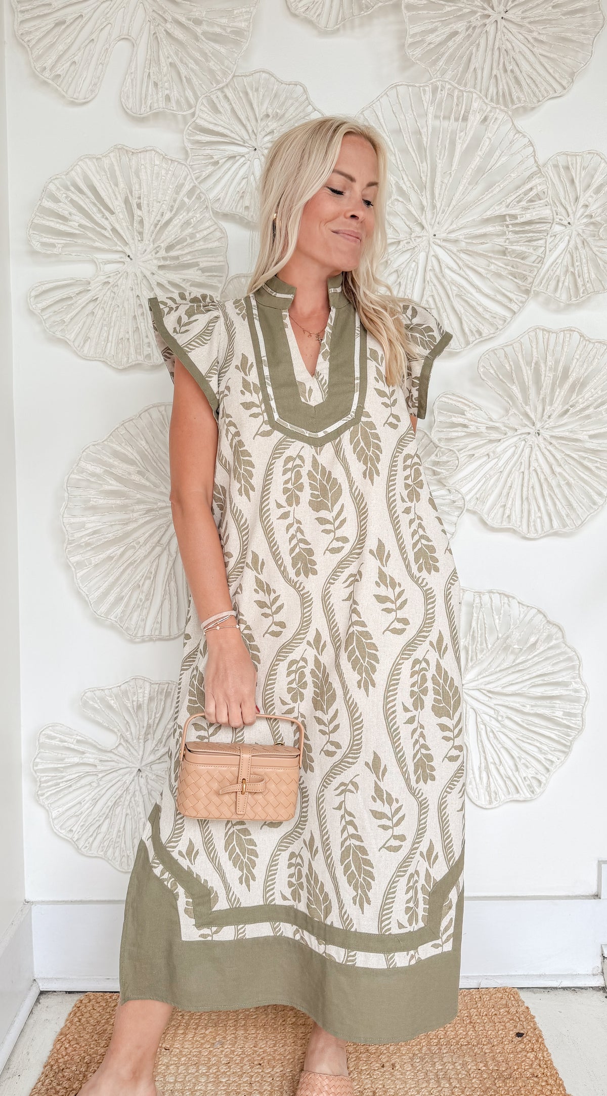 Olive Green Leaf Print Tunic Maxi