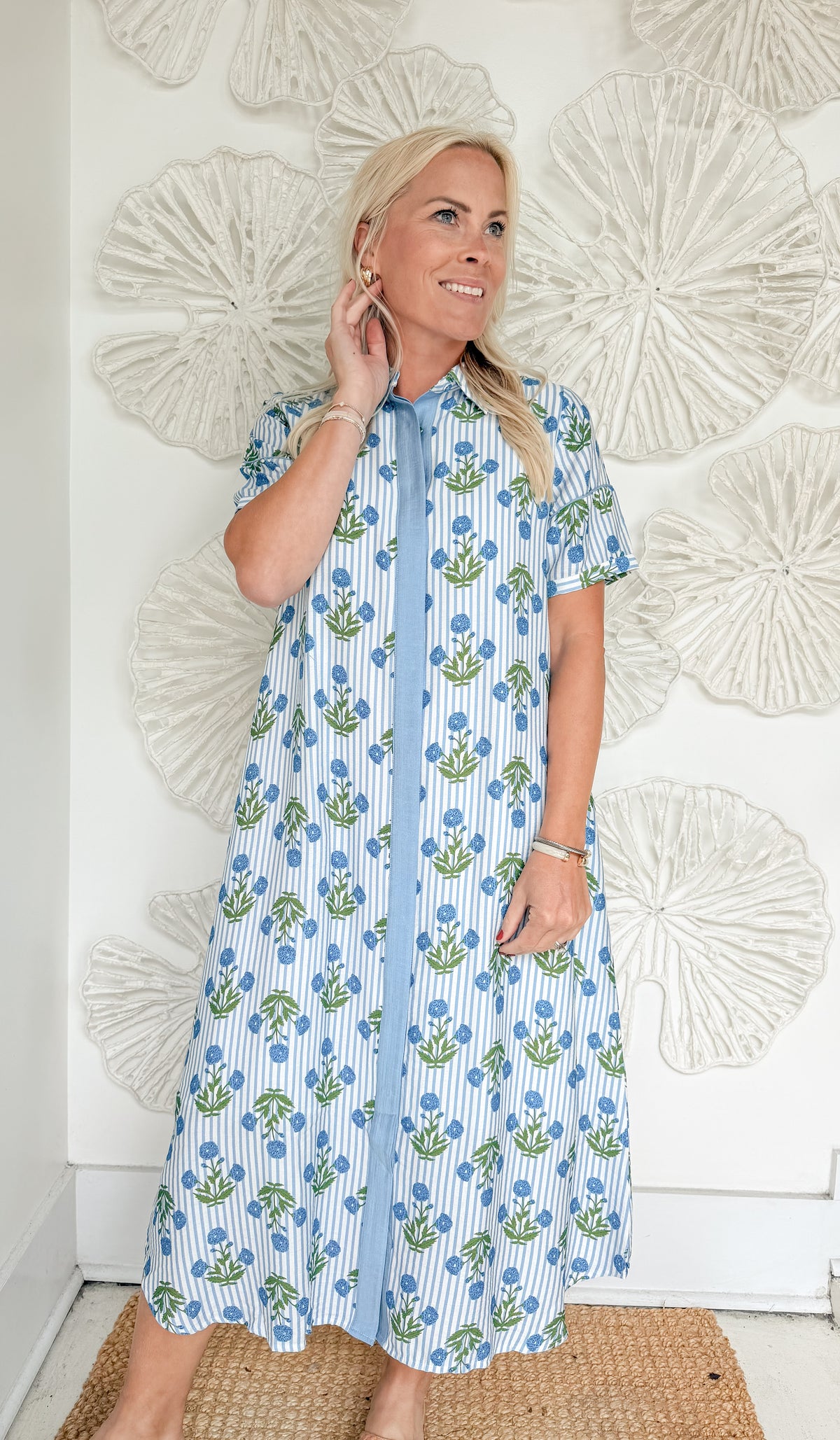 Light Blue Striped Motiff Collared Midi
