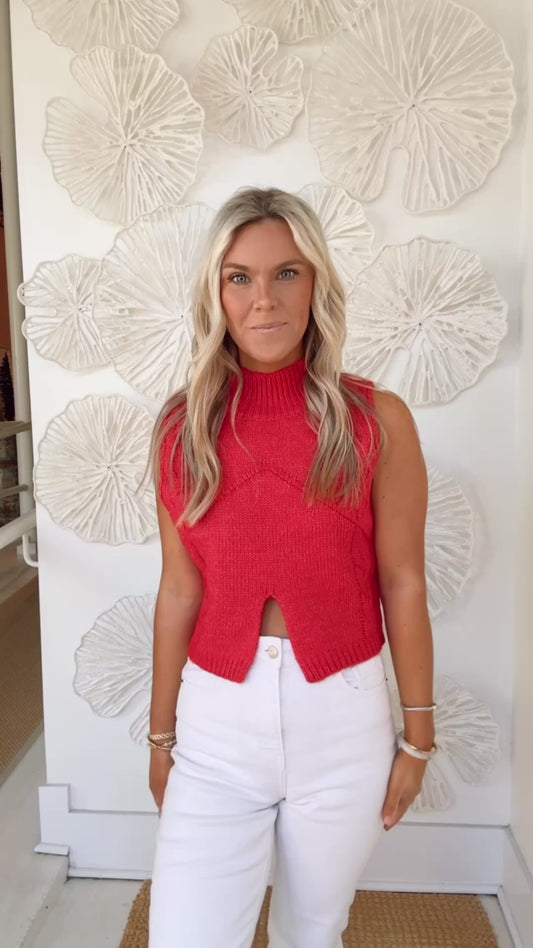 Red Cropped Sleeveless Mockneck Sweater