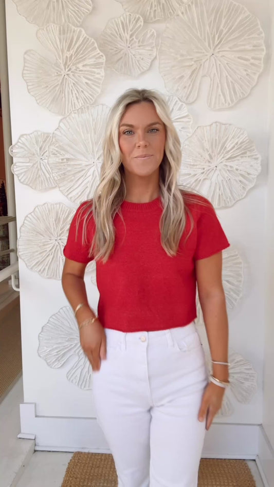 Red Cropped Short Sleeve Sweater