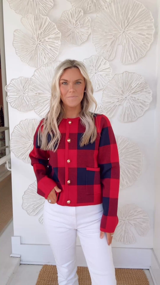 Red/Navy Plaid Button Cardigan